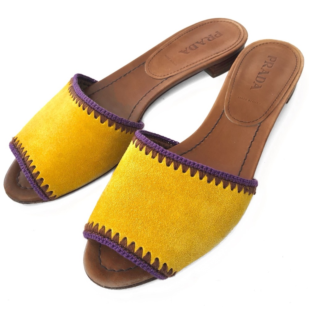 Prada Gold and Tan Leather Slip on Slide Sandal